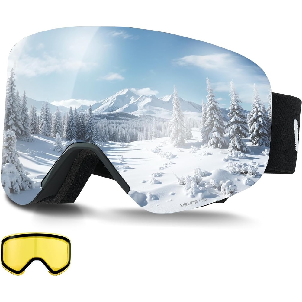 image:imageVEVOR Frameless Ski Goggles Magnet Cylindrical Lens with Revo Coating OTG Anti fog Snow Goggles TPU FrameSilver Lens Vlt 818