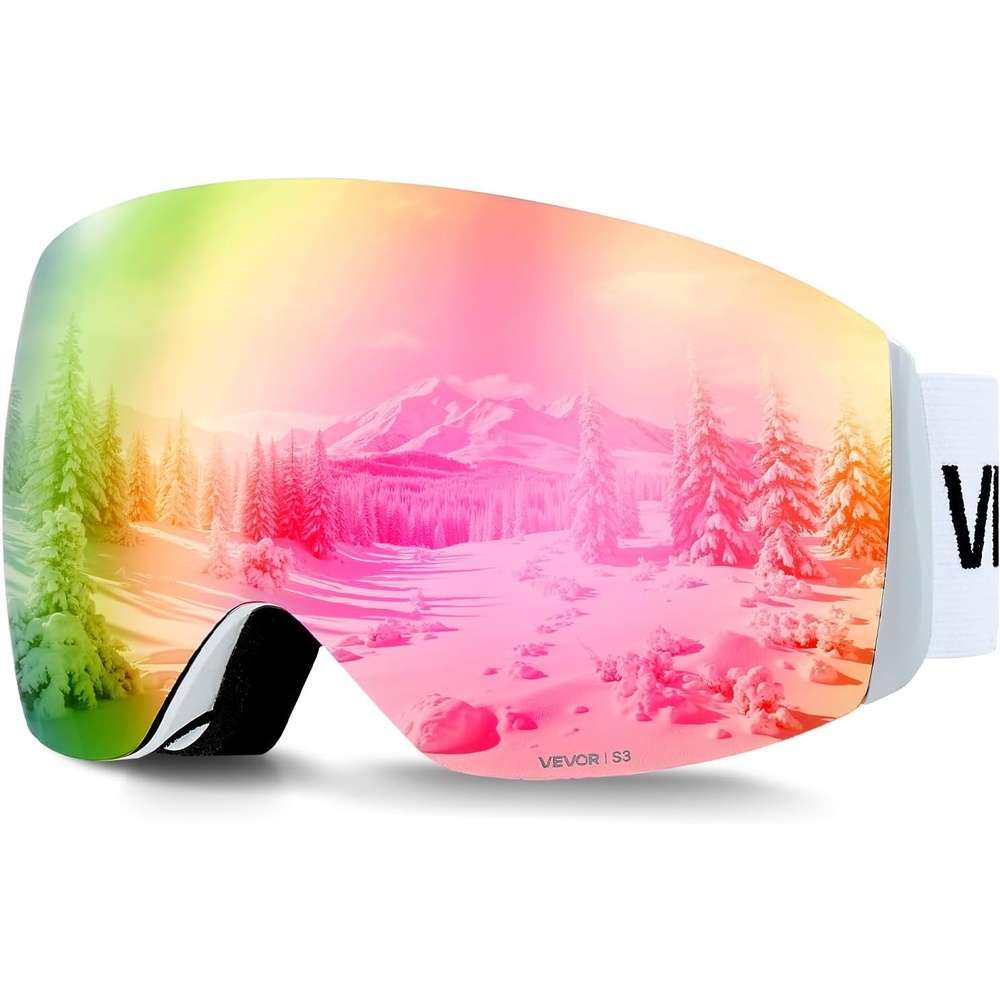 image:imageVEVOR Frameless Ski Goggles Spherical Lens with Revo Coating OTG Anti fog Snow Goggles TPU Frame amp Ventilation StructurePink Lens Vlt 818