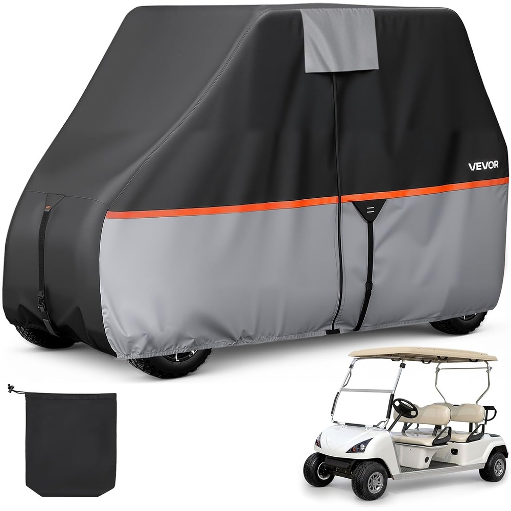image:imageVEVOR Golf Cart Cover Full Coverage 224 Passenger Golf Cart 420D600D Waterproof Oxford Fabric Cover Fits Most Carts Club Car Yamaha EZGO Honda SilverCoated Layer amp Three Zipper Doors420D blackgreyorange