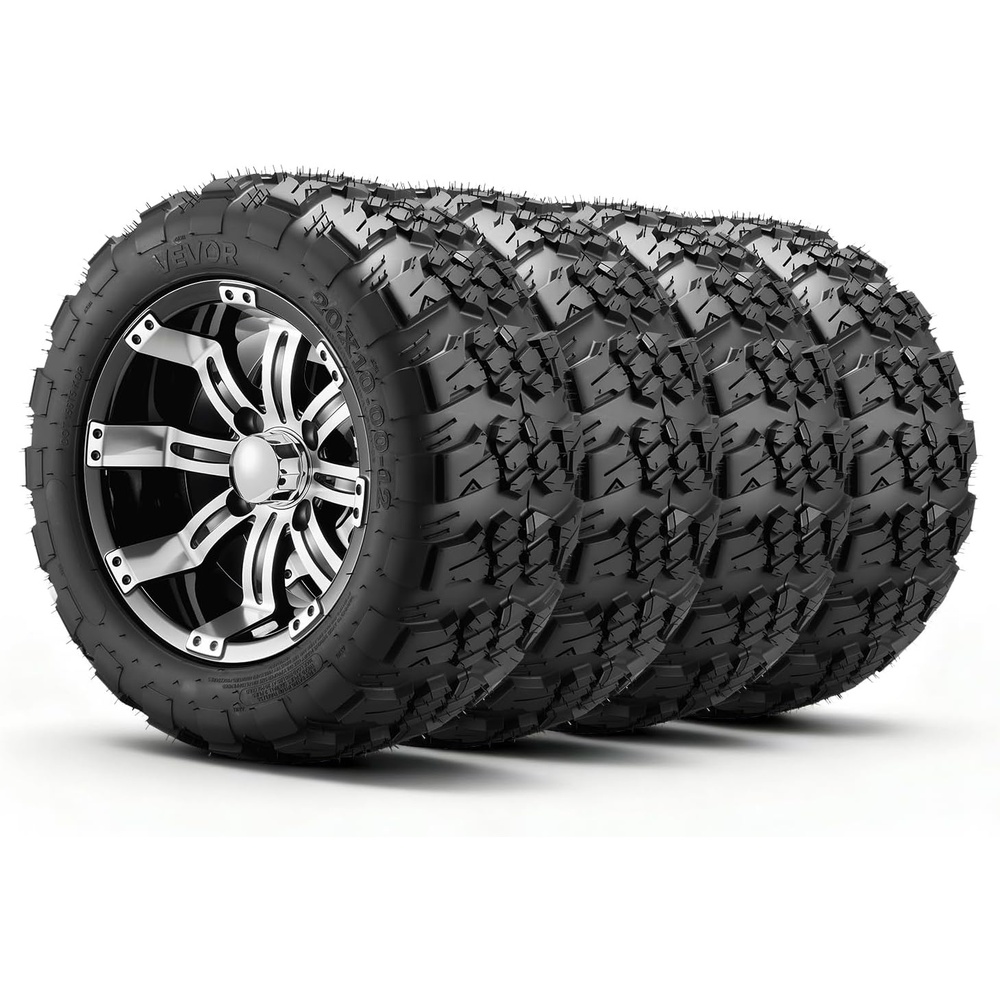 image:imageVEVOR Golf Cart Wheels 12 20x1012 Black Aluminum Alloy Golf Cart Tires and Wheels Combo Set of 4 Fit Club Car EZGO Yamaha 4 Ply Rubber 4Lug Lawn Mower Tires amp Rims 800 lbs Load AllTerrain20x1012
