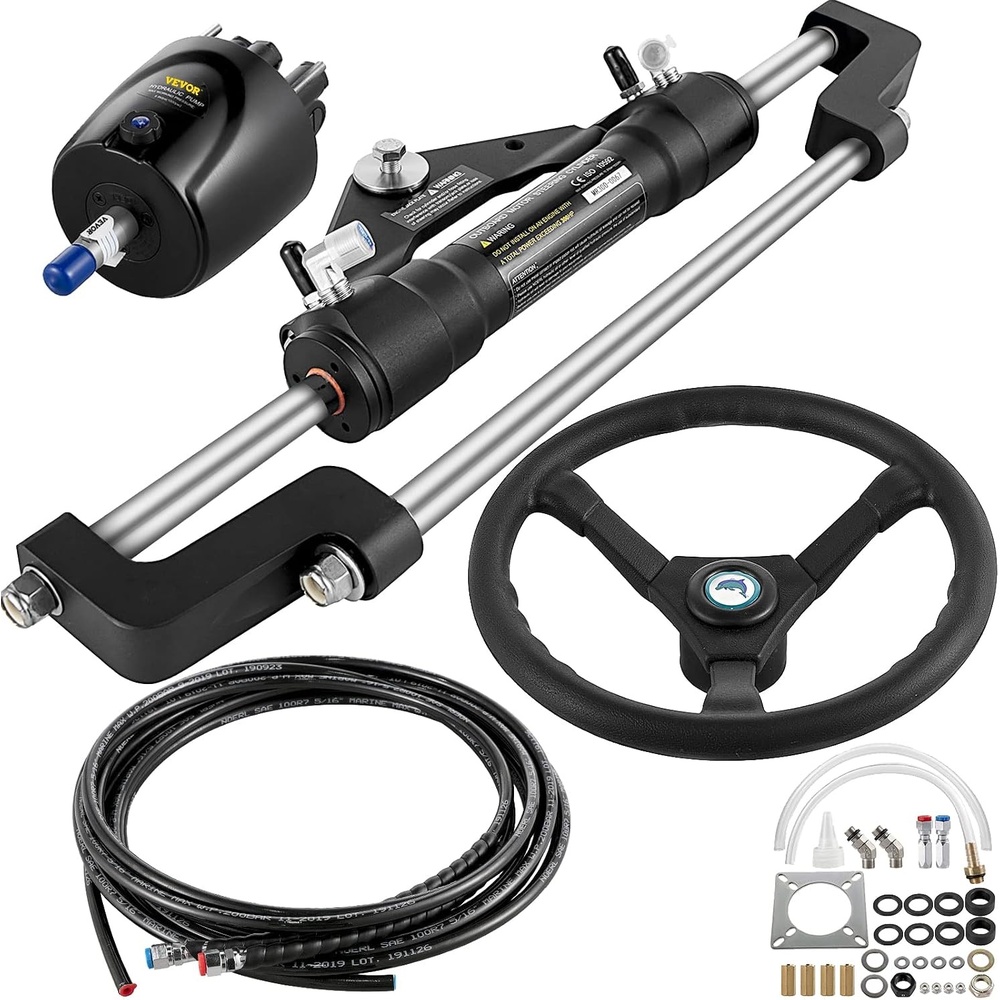 image:imageVEVOR Hydraulic Outboard Steering Kit 90150300HP Helm Pump Marine Boat Hydraulic Steering System 135 inch Steering Wheel with 1026 ft Hydraulic Nylon Hose Option300hp With 24hose