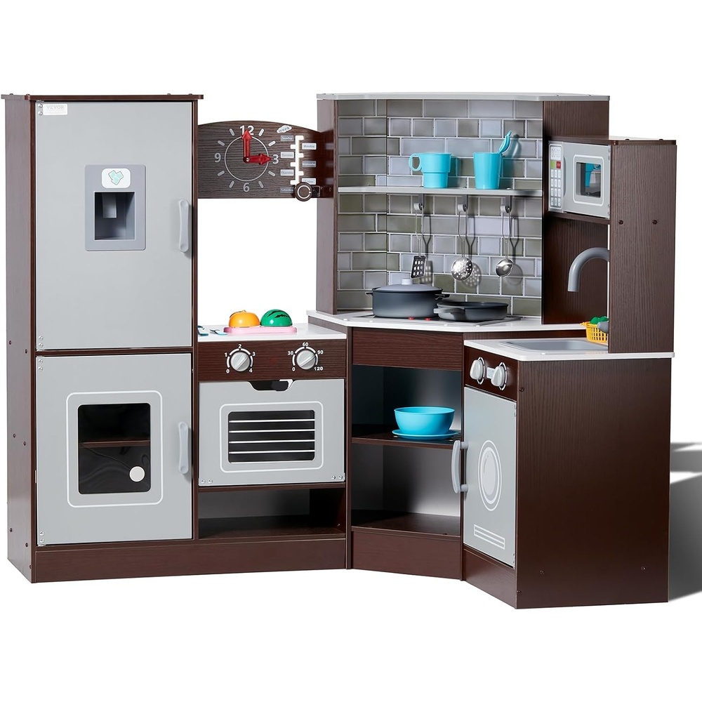 image:imageVEVOR Interactive Wooden Toy Play Kitchen Playset for Kids with Lights and Sounds Corner Design with Ice Maker Oven Sink Clock Microwaves Refrigerator and Accessories for Girls amp Boys Brown
