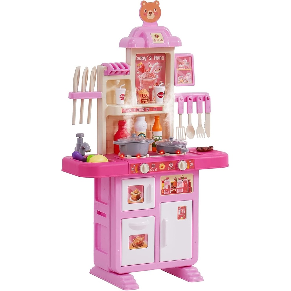 image:imageVEVOR Kids Kitchen Playset 48PCS Pretend Play Kitchen with Cooking Stove with Steam Sounds and Lights Play Sink and Play Food Toy Kitchen Set for Toddlers Pink Size 185 x 94 x 307Pink