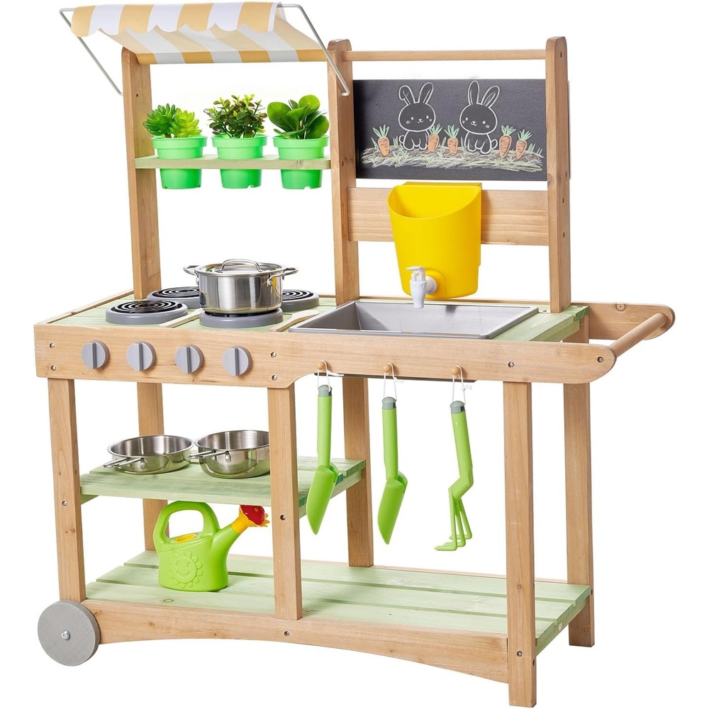 image:imageVEVOR Mud Kitchen Outdoor Mud Kitchen for Kids Wood Outdoor Play Kitchens with Spoons Sink Sunshade Canopy Swivel Wheels Cookware Pots and Accessories Wooden Play Kitchens for Home Lawn3465 x 1283 x 3543 inches