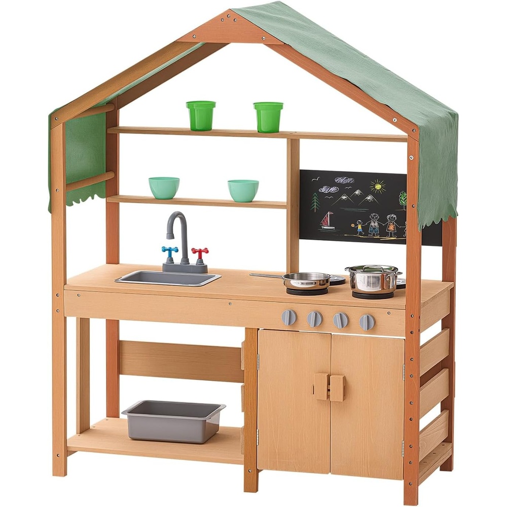 image:imageVEVOR Mud Kitchen for Kids Outdoor Wooden Mud Kitchen Set with Canopy Mud Kitchen for Kids Outdoor Backyard with Stoves Planter Boxes 2 Sink Faucet Blackboard Cookware Pot40 x 16 x 50