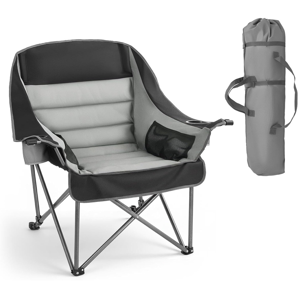 image:imageVEVOR Oversized Camping Chairs 450 lbs Heavy Duty Support Portable Padded Folding Camp Chairs with Dual Cup Holders amp Wine Glass Holders Carry Bag for Outdoor Fishing Black amp Gray 1 Pack