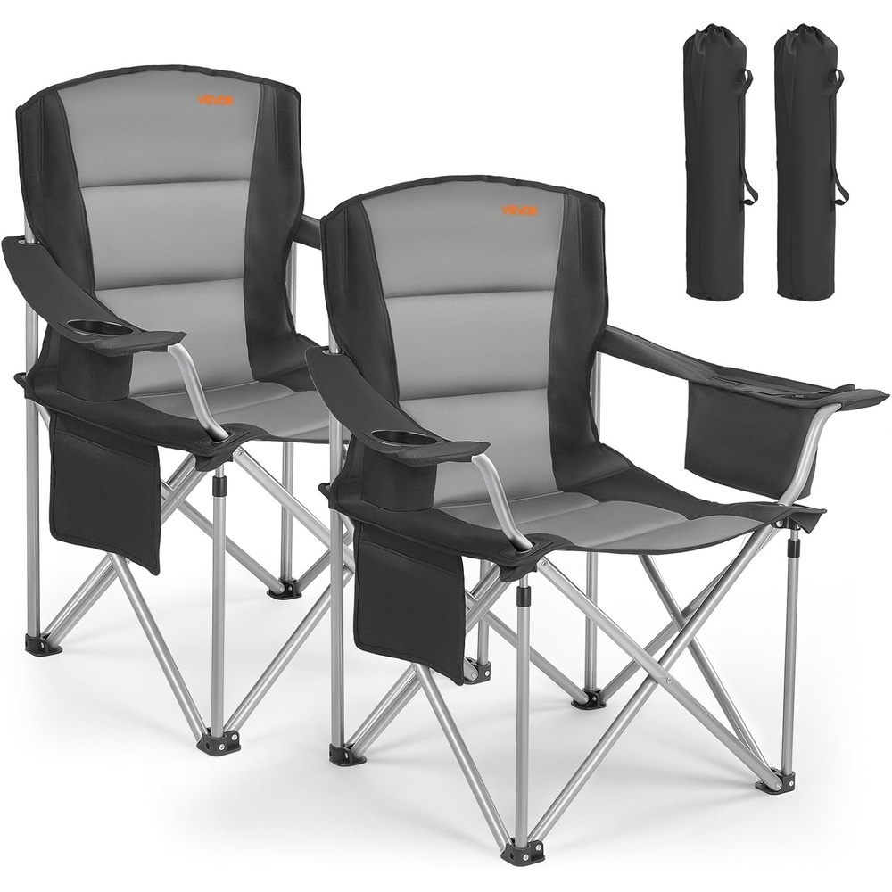 image:imageVEVOR Oversized Camping Folding Chair Portable Heavy Duty Outdoor Quad Lumbar Back Padded with Side Pockets Cup Holder and Cooler Bag for Beach Lawn Picnic Fishing Backpacking 2 Pack2 Pack