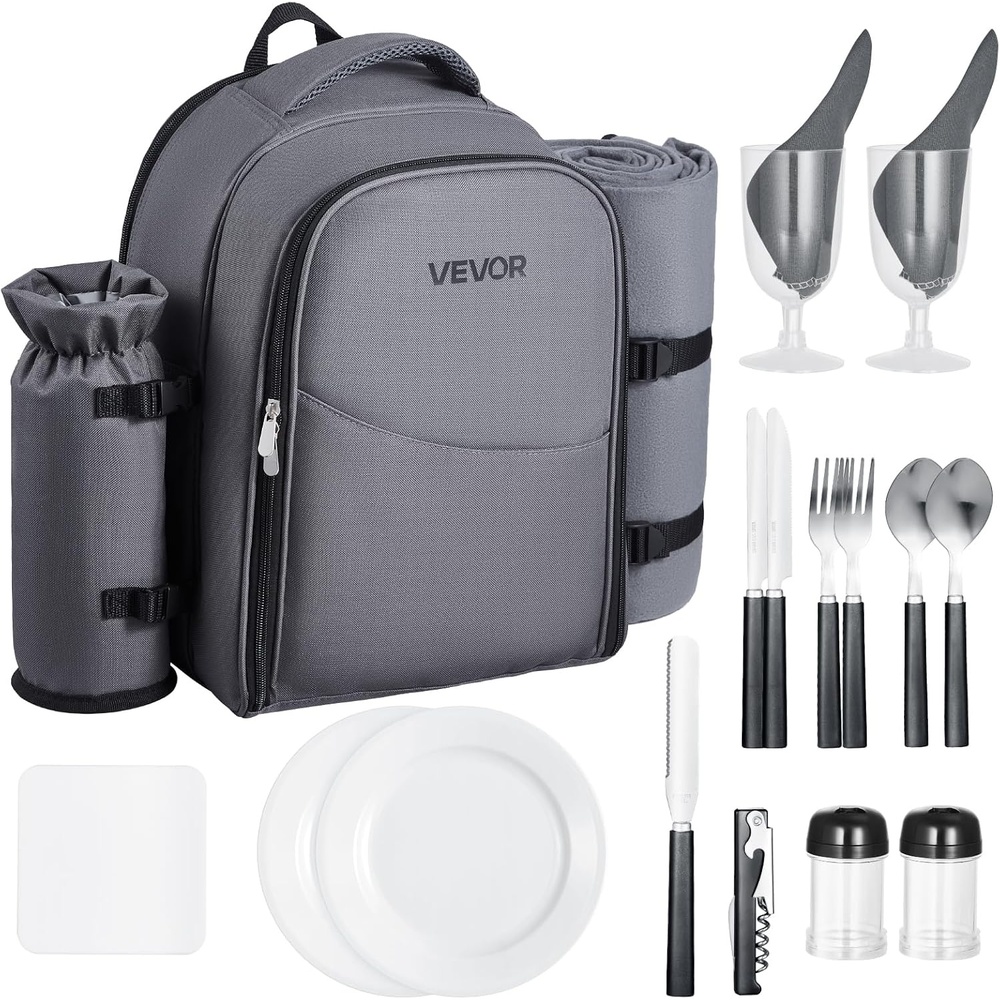 image:imageVEVOR Picnic Backpack Beach Picnic Backpack Bag for 2 Person with Insulated Cooler Compartment Detachable BottleWine Holder Lightweight Blanket Plates amp Cutlery Set for Hiking Camping Navy Bluesingle layer for 2  gray