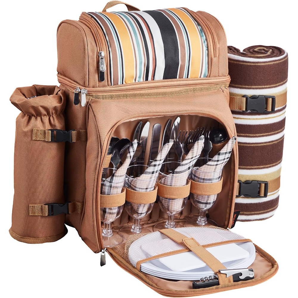image:imageVEVOR Picnic Backpack Beach Picnic Backpack Bag for 2 Person with Insulated Cooler Compartment Detachable BottleWine Holder Lightweight Blanket Plates amp Cutlery Set for Hiking Camping Navy Bluedouble layer for 4  browne