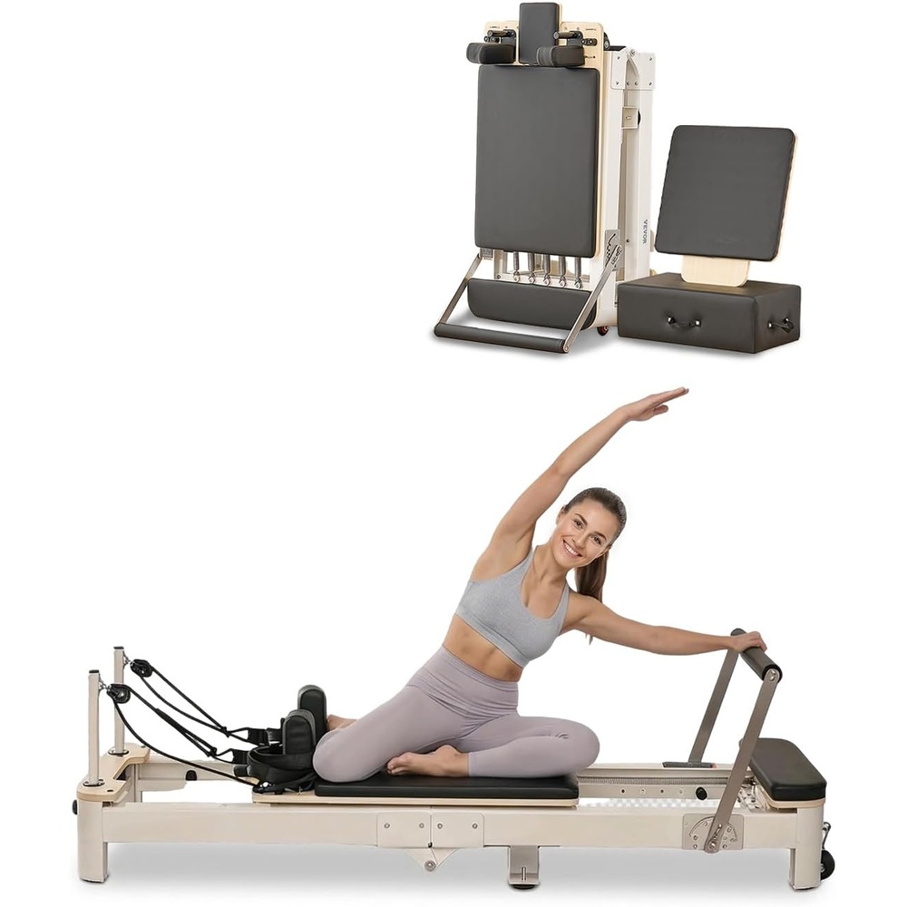 image:imageVEVOR Pilates Reformer Foldable Suitable for Intermediate and Beginners Users Pilates Equipment for Home Gym Studio Use with 4 Adjustable Resistance Spring Up to 400 LBSWhite