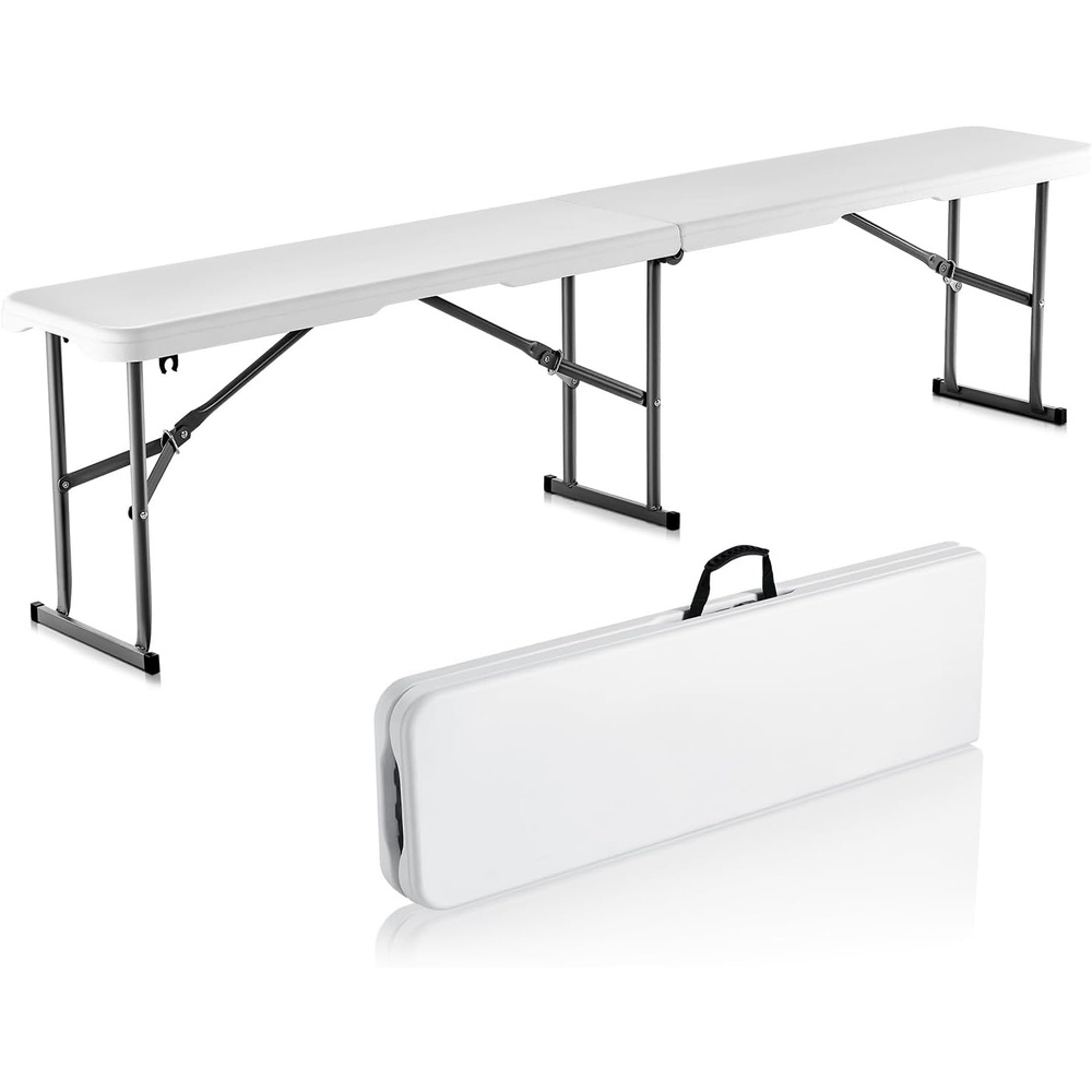 image:imageVEVOR Plastic Folding Bench 6ft Portable Folding Bench Smooth High Density Polyethylene Waterproof Outdoor Bench Picnic Camping Table with Handle for Garden Soccer Playtime White 1 PackWhite