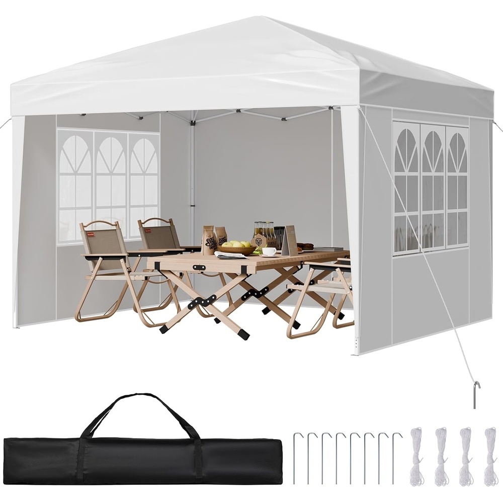 image:imageVEVOR Pop Up Canopy 10 x 10 FT Instant Canopy Portable Gazebo with 3 Sidewalls amp 2 Ventilated Windows Height Adjustable PopUp Outdoor Shelter Tent for Events Patio Backyard Party ParkingWhite Canopy with Windows