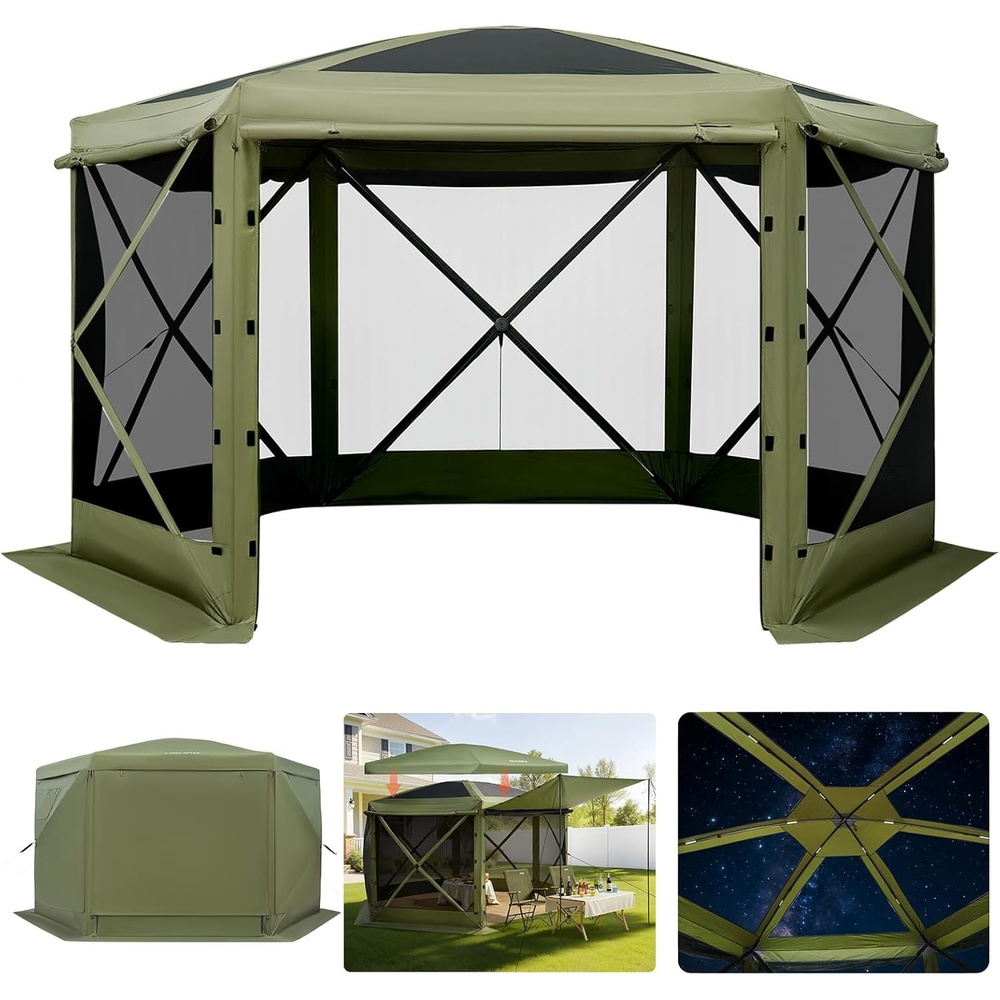 image:imageVEVOR Pop Up Gazebo Tent PopUp Screen Tent 4 Sided Canopy Sun Shelter with 4 Removable Privacy Wind Cloths amp Mesh Windows 6x6FT Quick Set Screen with Mosquito Netting BrownArmy Green