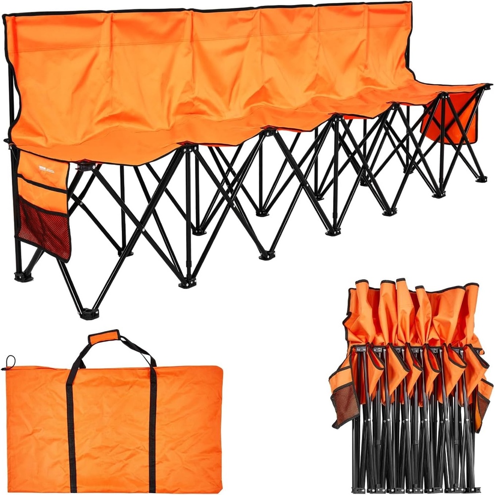image:imageVEVOR Portable Folding Bench 6 Seat Foldable Soccer Bench with Side Pockets and Carrying Bag Lightweight Sideline Seating with Back Rest for Football Baseball Camping Outdoor Events OrangeOrange