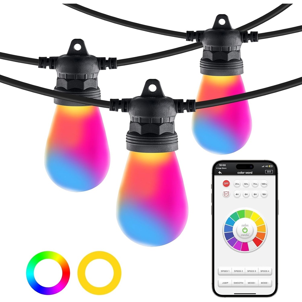 image:imageVEVOR RGB Outdoor String Lights 50FT Outside Patio Lights with APP Control 15 Bulbs 15 SingleColor Adjustable Brightness Time Setting Waterproof Hanging Lights for Halloween Decorations Christmas50FT  RGB Light String