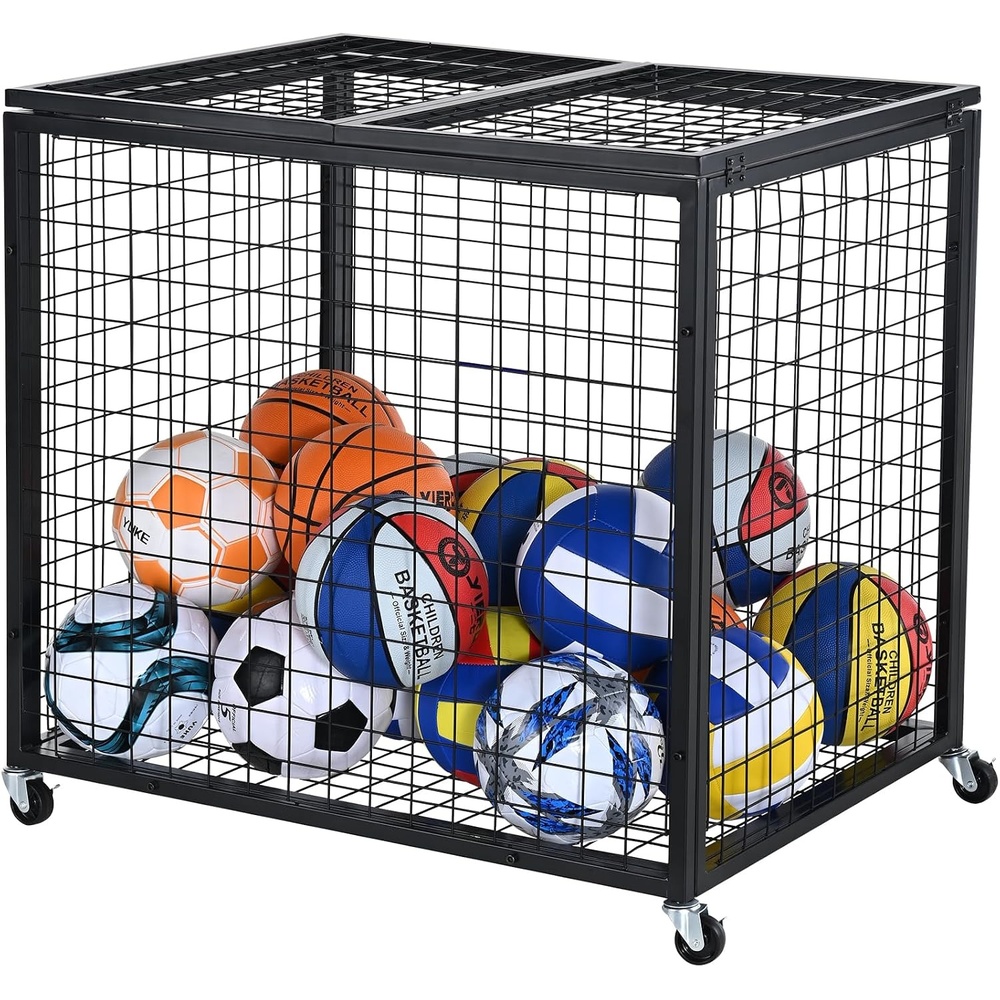 image:imageVEVOR Rolling Sports Ball Storage Cart Lockable Basketball Cage with Double Lids Sport Equipment Holder Organizer for Indoor Outdoor Steel Storage Rack for Garages Playgroup Gym and Schoolsstorage cart321526573346