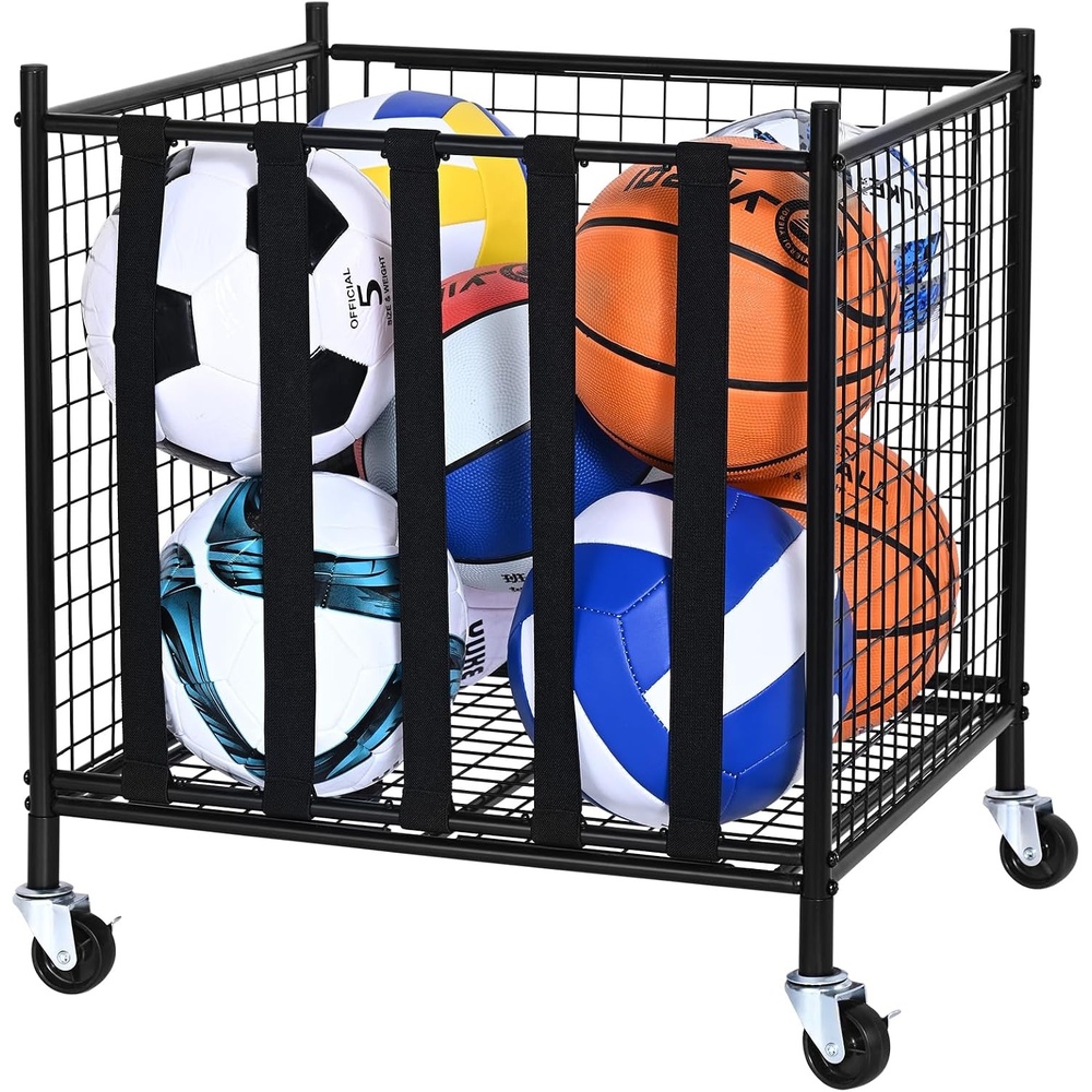 image:imageVEVOR Rolling Sports Ball Storage Cart Lockable Basketball Cage with Double Lids Sport Equipment Holder Organizer for Indoor Outdoor Steel Storage Rack for Garages Playgroup Gym and Schoolsstorage cart214619691969