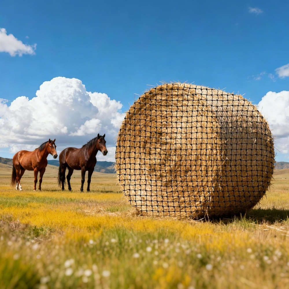 image:imageVEVOR Round Bale Hay Net 591 x 591 x 591 ft 15 inch Holes PE Material Knotless Design with Zip Ties Needle Shuttle Repair Twine and Storage Bag Slow Feeder Round Bale Net for HorsesKnotted  175 in Holes