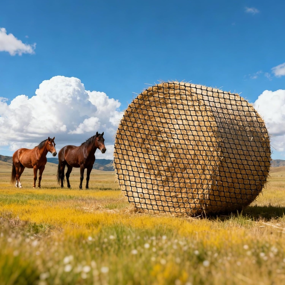 image:imageVEVOR Round Bale Hay Net 591 x 591 x 591 ft 15 inch Holes PE Material Knotless Design with Zip Ties Needle Shuttle Repair Twine and Storage Bag Slow Feeder Round Bale Net for HorsesKnotless  15 in Holes