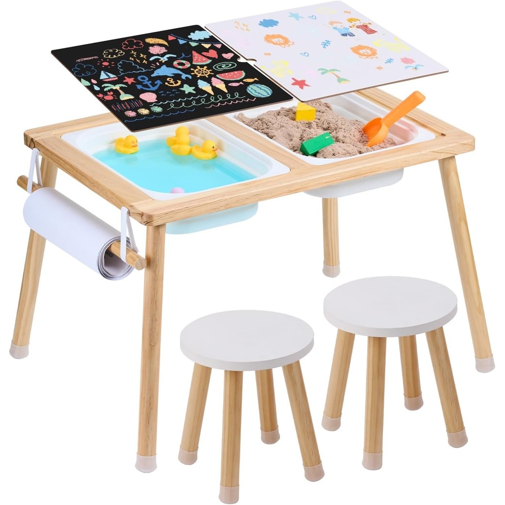 image:imageVEVOR Sensory Table and Chairs Set Toddlers Activity Table with 2 Stools 2 Storage Bins amp Paper Roll Holder IndoorOutdoor Play Sand and Water Table Wooden Kids Sensory Table  Gift for Boys GirlsTableChair Set