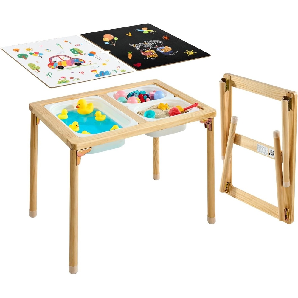 image:imageVEVOR Sensory Table for Toddlers Kids Activity with 3 Foldable Storage Bins amp DoubleSided Board IndoorOutdoor Play Sand and Water Table Wooden Kids Sensory for Drawing StudyingStorage BinsFolding Leg