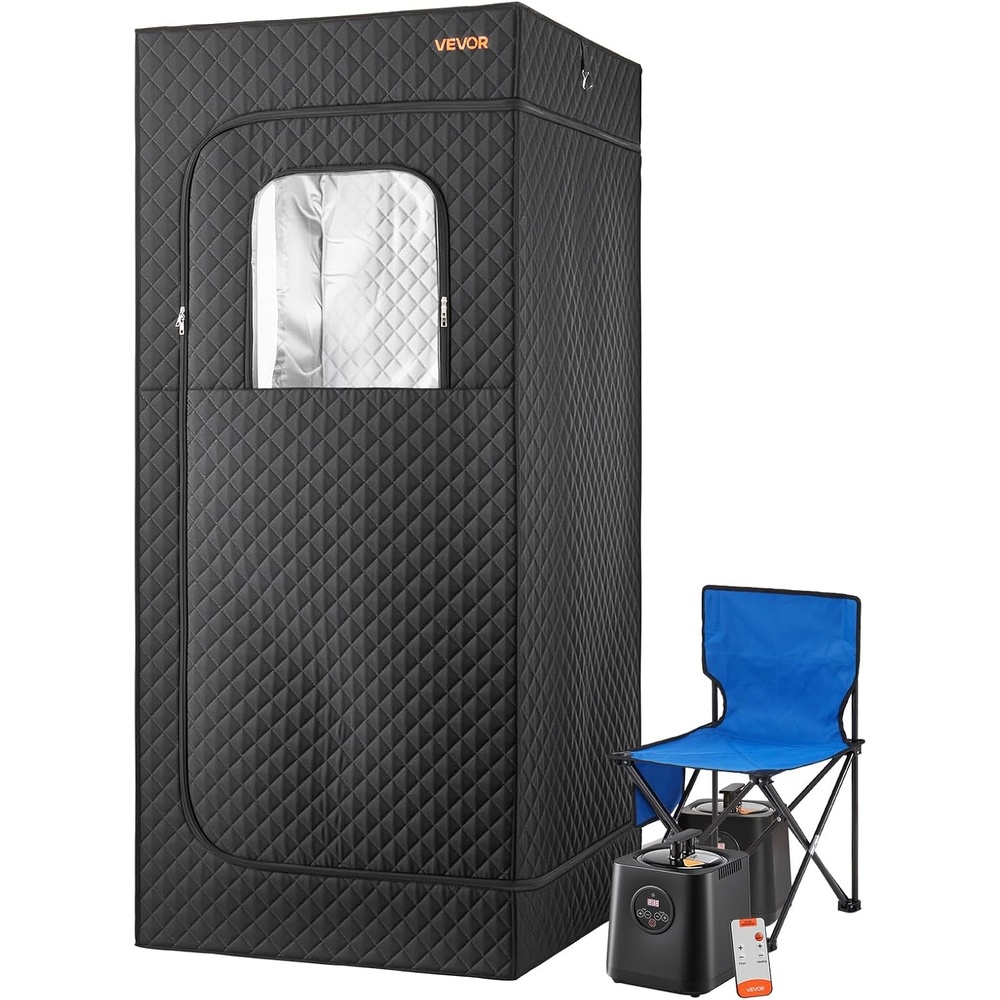 image:imageVEVOR Upgraded Portable Steam Sauna for Home 1 Person Full Body Home Spa Tent with Steamer amp 1 Foldable Chairs amp Remote amp Essential Oil BoxHeavyDuty Stainless Steel Frame Sauna Box Black