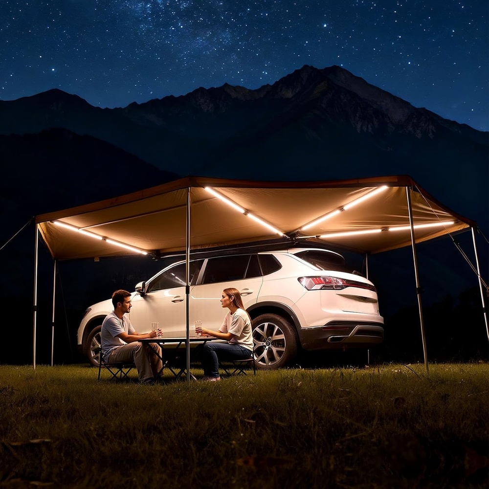 image:imageVEVOR Vehicle Awning 66x82 Roof Rack PullOut Sun Shade UV50 PU3000mm Retractable Weatherproof 4x4 Side Awning for SUV Outdoor Camping amp Overland Hardware Included wWaterproof Storage BagKhaki 270 18764ft Car Awning with LED