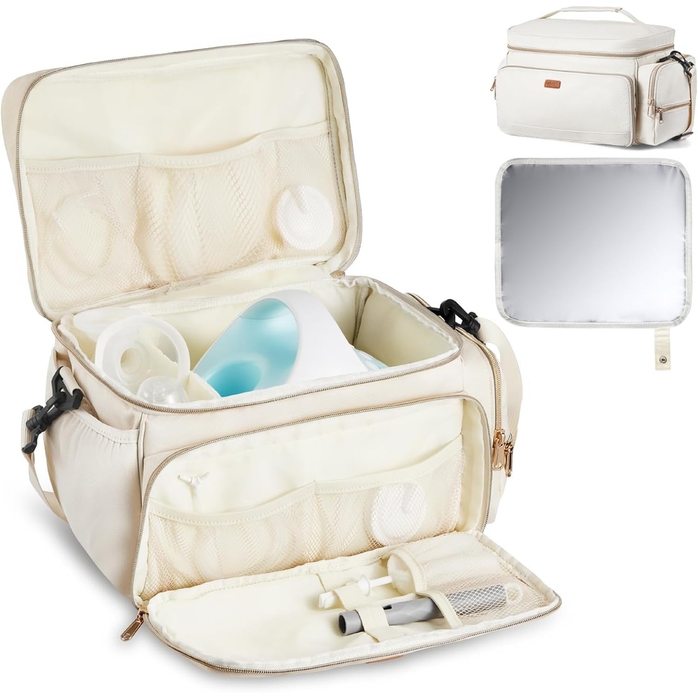 image:imageVEVOR Wearable Breast Pump Bag Breast Feeding Bag with Waterproof Mat Compatible with Momcozy Medela amp Elvie Pumps Portable Pump Carrying Case for Work Travel and Family Use BlackL Beige