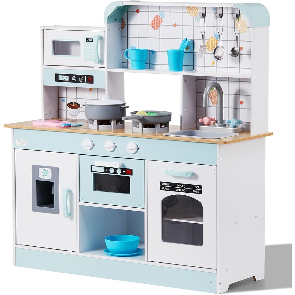 image:imageVEVOR Wooden Play Kitchen Toy Play Kitchen for Kids with Lights and Sounds Toddler Kitchen with Ice Maker Oven Sink Microwaves Fridge and Utensil and Fruit Accessory for Toddlers WhiteWhite