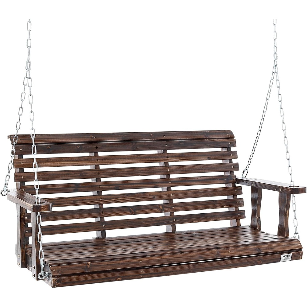 image:imageVEVOR Wooden Porch Swing 55FT with 2 Side Cup Holders Heavy Duty 880lbs Patio Swing Outdoor Swing Hanging Chair Bench Swing with Adjustable Chains for Front Porch Yard Balcony Garden WhiteBrown