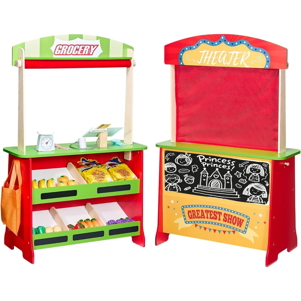 image:imageVEVOR Wooden Puppet Theater with Curtains 2in1 Reversible Play Store DoubleSided Grocery Store Playset with Chalkboard amp Cash Register Kids Pretend Play Market Stand Gift for Boys amp GirlsStall  Playhouse