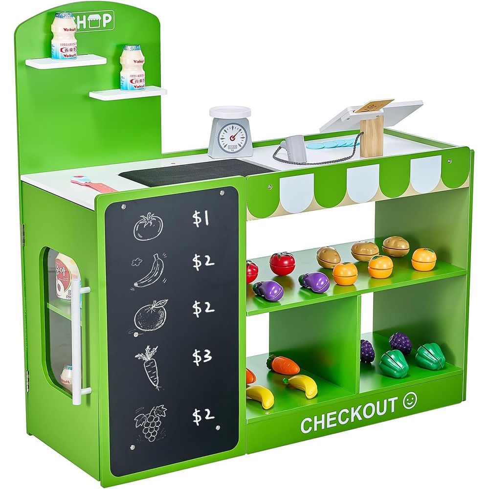 image:imageVEVOR Wooden Puppet Theater with Curtains 2in1 Reversible Play Store DoubleSided Grocery Store Playset with Chalkboard amp Cash Register Kids Pretend Play Market Stand Gift for Boys amp GirlsGrocery Store Set