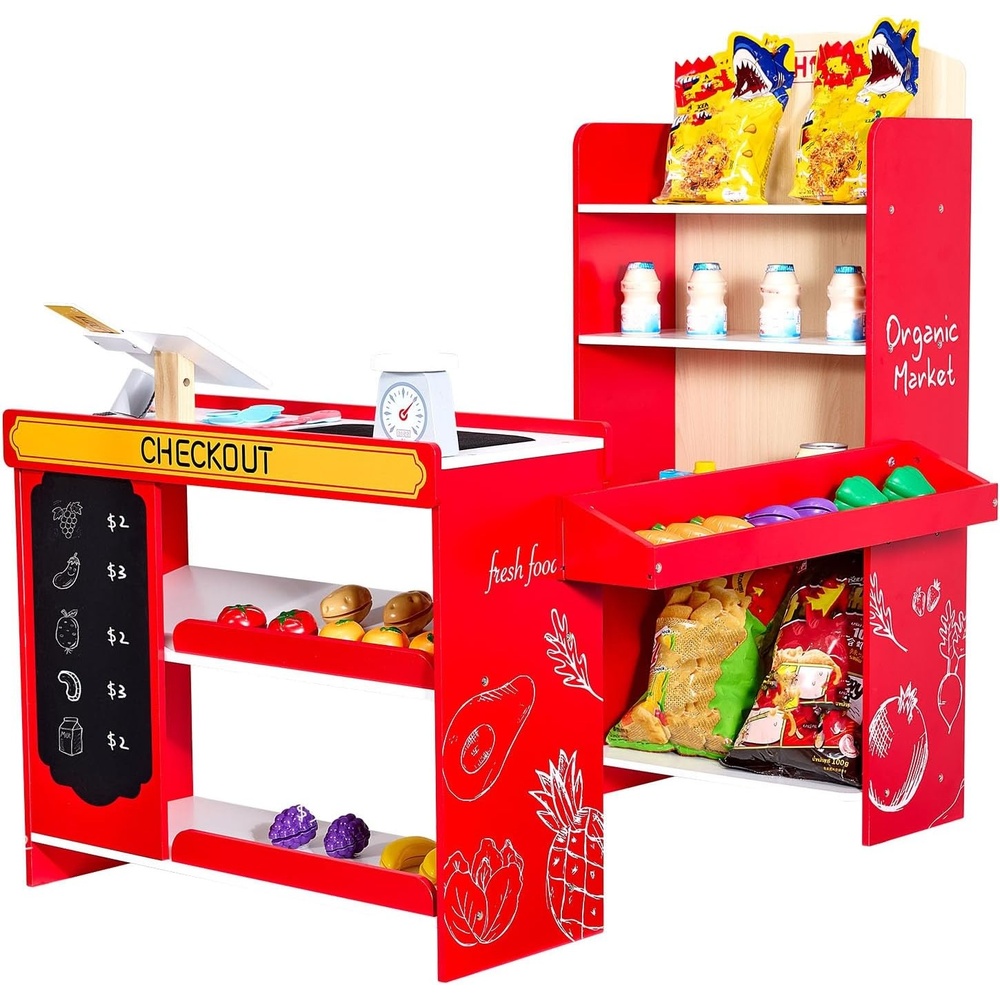 image:imageVEVOR Wooden Puppet Theater with Curtains 2in1 Reversible Play Store DoubleSided Grocery Store Playset with Chalkboard amp Cash Register Kids Pretend Play Market Stand Gift for Boys amp GirlsModular Stall Set