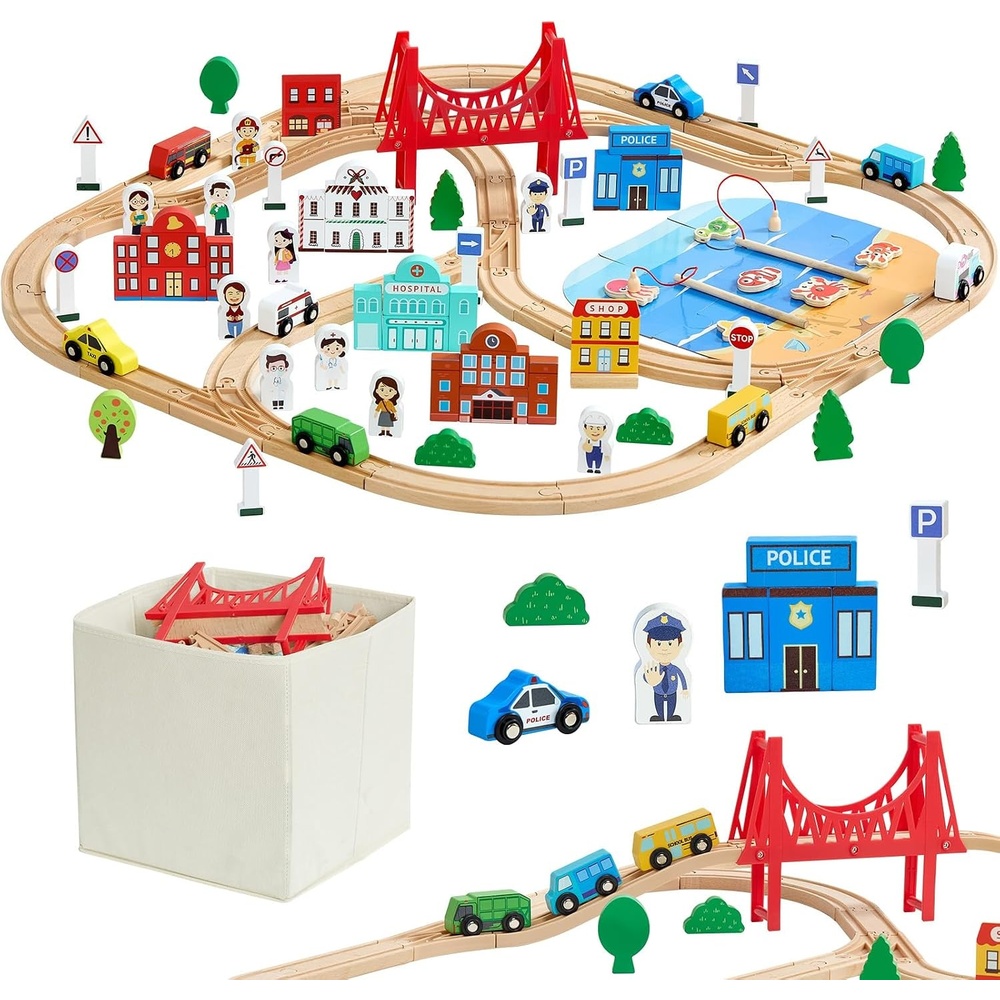 image:imageVEVOR Wooden Train Set 39PCS Wood Train Track with Magnetic Trains and Railway Accessories Compatible with Major Brands Small Town Christmas Birthday Toy for Kids Toddlers Ages 38 Boys and Girls113pcs