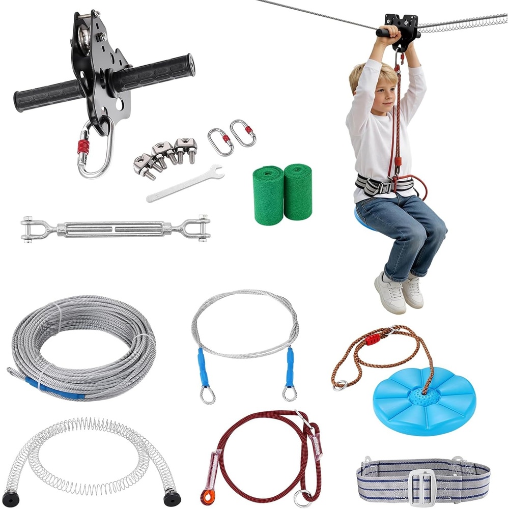 image:imageVEVOR Zipline Kit 80 ft Zip Line Kits Up to 500 lb Backyard Outdoor Quick Setup Zipline Playground Entertainment with Stainless Steel Zipline Spring Brake Note for Teens Only Not for AdultsBlue160 ft