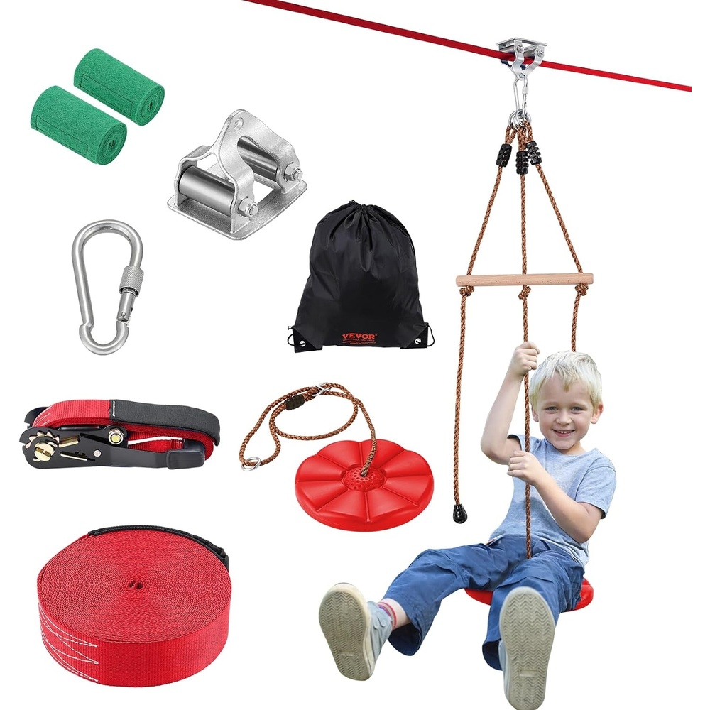 image:imageVEVOR Zipline Kit 80 ft Zip Line Kits Up to 500 lb Backyard Outdoor Quick Setup Zipline Playground Entertainment with Stainless Steel Zipline Spring Brake Note for Teens Only Not for AdultsRed65 ft