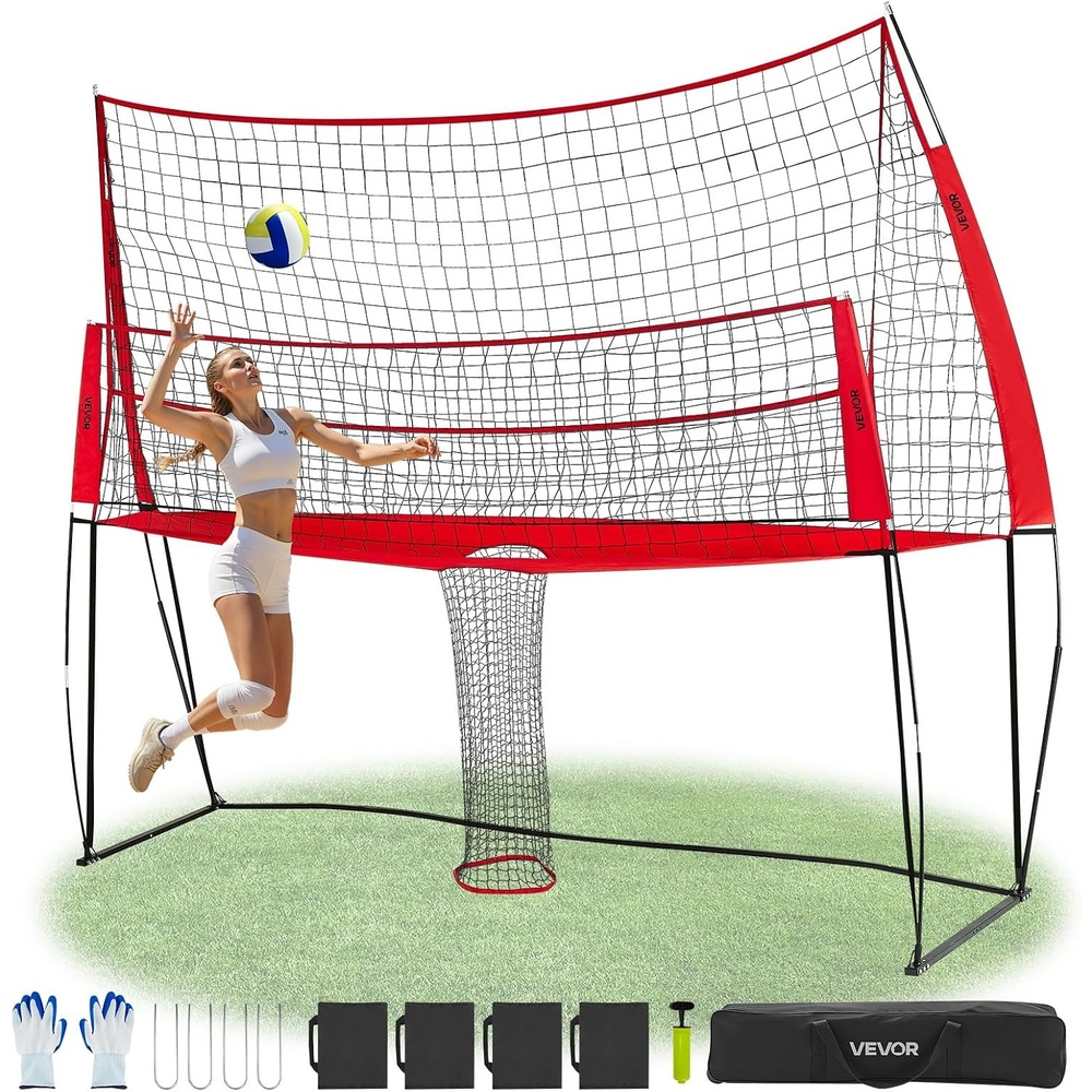 image:imageVEVORAdjustable Height Badminton Net Set for Backyard Beach Lawn Outdoor Portable Volleyball Net with Carrying Bag 4 Square Quick Assemble Game Set for Kids and AdultsRed