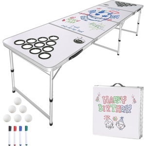 VEVOR 8 Foot Portable Beer Pong Table, Folding Tailgate Table, Cup Holes, Dry Erase Markers and Carrying Handles, Adjustable Height, Lightweight Table for Office, Tailgate Party & Camping, White