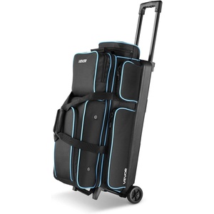 VEVOR Bowling Ball Bag, 3 Ball Double Roller Bowling Bag with Wheels, Featuring a Separate Compartment for Shoes (Up To US Size 16) & Oversized Accessory Pocket, Retractable Handle Extends to 41.34 in(Black-blue)