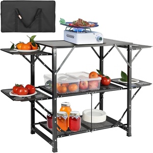 VEVOR Camping Kitchen Table, Aluminum Folding Portable Outdoor Cook Station with 4 Iron Side, 2 Shelves & Carrying Bag, Quick Installation for Picnic BBQ Beach Traveling(Black)