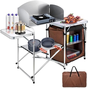 VEVOR Camping Kitchen Table, Aluminum Portable Folding Camp Cook Station with Windscreen, Cupboard, Storage Organizer, Carrying Bag, Quick Installation for Outdoor Picnic Beach BBQ RV Traveling, Brown(Brown)