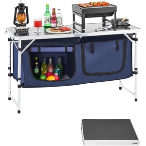 VEVOR Camping Kitchen Table, Folding Outdoor Cooking Table, 3 Adjustable Heights, Aluminum Lightweight Portable Cook Station with Storage Organizer, Carry Handle, for BBQ Party Picnic RV Travel, Black(Black&blue)