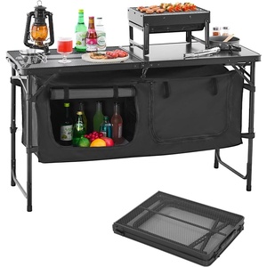 VEVOR Camping Kitchen Table, Folding Outdoor Cooking Table, 3 Adjustable Heights, Aluminum Lightweight Portable Cook Station with Storage Organizer, Carry Handle, for BBQ Party Picnic RV Travel, Black(Black)
