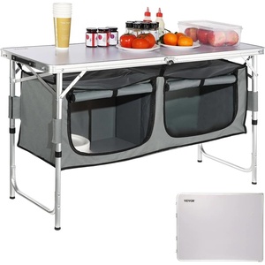 VEVOR Camping Kitchen Table, Folding Outdoor Cooking Table, 3 Adjustable Heights, Aluminum Lightweight Portable Cook Station with Storage Organizer, Carry Handle, for BBQ Party Picnic RV Travel, Black(Grey)