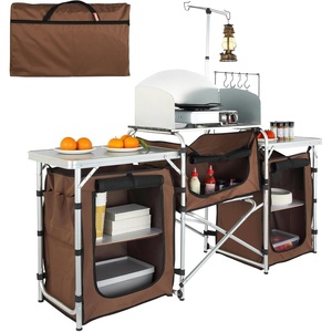 VEVOR Camping Kitchen Table, Folding Outdoor Cooking Table with Storage Carrying Bag, Aluminum Cook Station 3 Cupboard & Detachable Windscreen, Quick Set-up for Picnics, BBQ, RV Traveling, Brown(Brown)