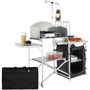 VEVOR Camping Kitchen Table, Outdoor Camp Cooking Table, Aluminum Portable Cook Station with 3 Storage Cupboard, Carrying Bag, Detachable Windscreen, Quick Set-up for BBQ Party Picnic RV Travel, Black(Black)