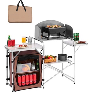 VEVOR Camping Kitchen Table, Outdoor Camp Cooking Table, Aluminum Portable Cook Station with 3 Storage Cupboard, Carrying Bag, Detachable Windscreen, Quick Set-up for BBQ Party Picnic RV Travel, Black(Brown)