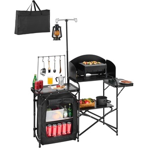 VEVOR Camping Kitchen Table, Outdoor Camp Cooking Table, Aluminum Portable Cook Station with 3 Storage Cupboard, Carrying Bag, Detachable Windscreen, Quick Set-up for BBQ Party Picnic RV Travel, Black(Deep Black)