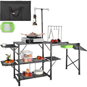 VEVOR Camping Kitchen Table with Sink, Aluminum Folding Portable Outdoor Cook Station, 2 Shelves & Carrying Bag for Picnic BBQ Beach Traveling(Black)