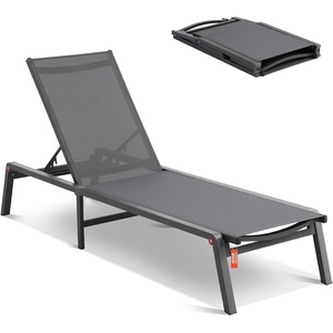 VEVOR Chaise Lounge Chair Outdoor, Aluminum Patio Lounge Chairs with Adjustable 5-Position, Folding Pool Chair Recliner and Full Flat Tanning Chairs for Patio, Beach, Pool, Dark Grey(Grey)